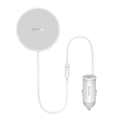 Автомобильное зарядное устройство Baseus USB-C, 40 Вт, с беспроводным ЗУ, магнитный, белый BUS-40W